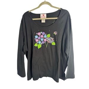 Quacker Factory Womens Embroidered Floral Cotton Top Black Multi Size 3X NWOT